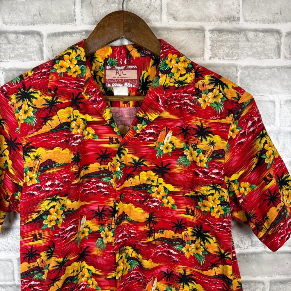 RJC Mens Hawaiian Shirt Medium Red Tropical Surfboard Palm Tree Made in USA